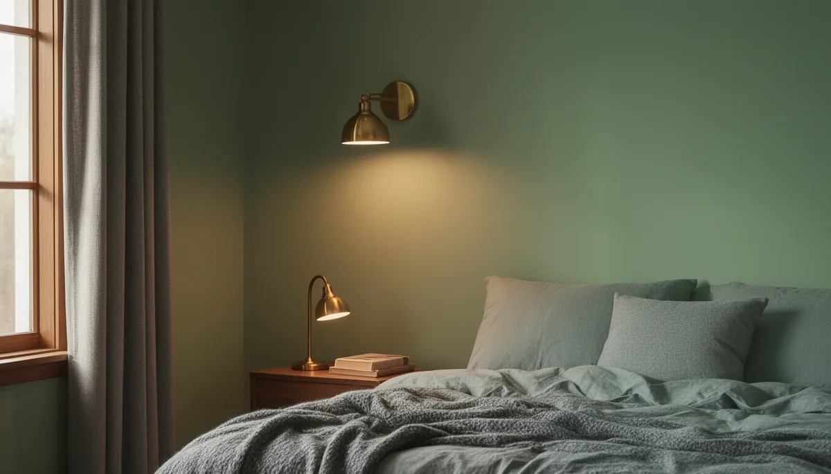 Brass wall sconce glowing softly in a sage green and grey bedroom