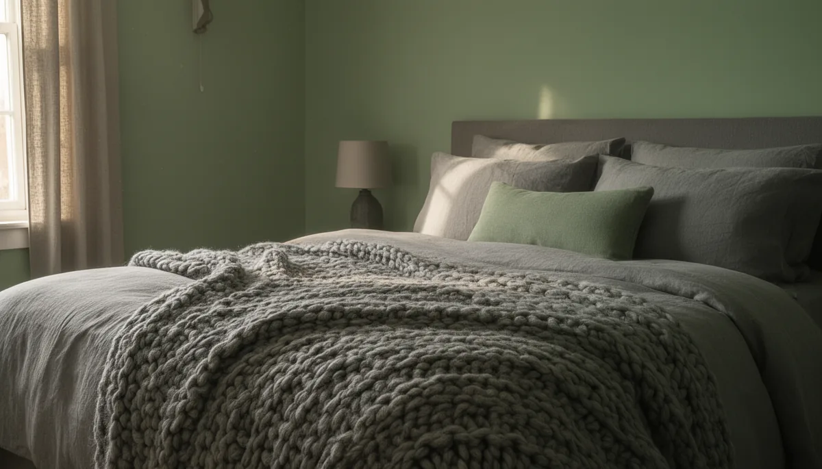 Deeply layered grey bed with chunky knit throw and sage green cushion