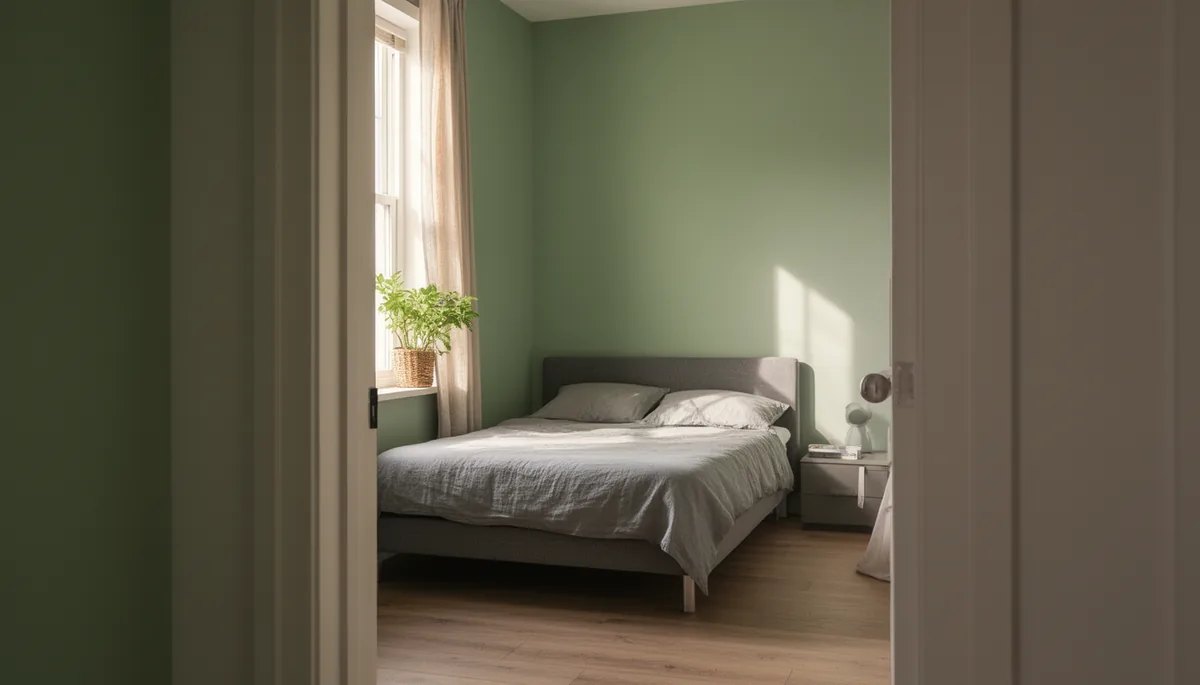 Small bedroom with a soft sage green wall drawing the eye upward