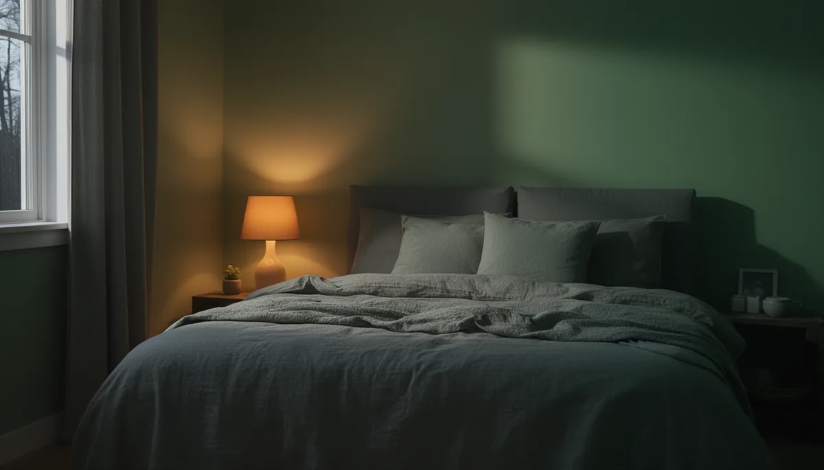 Warm bedside lamp glow in a sage green and grey bedroom at night