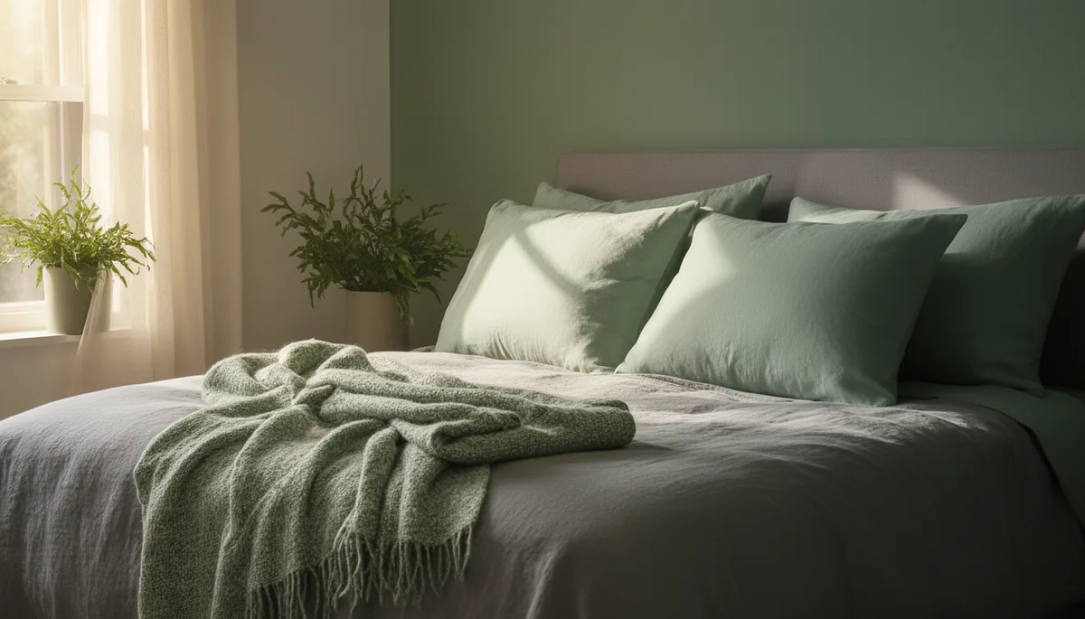 Sage green pillows and throw arranged on a grey bed in bright light