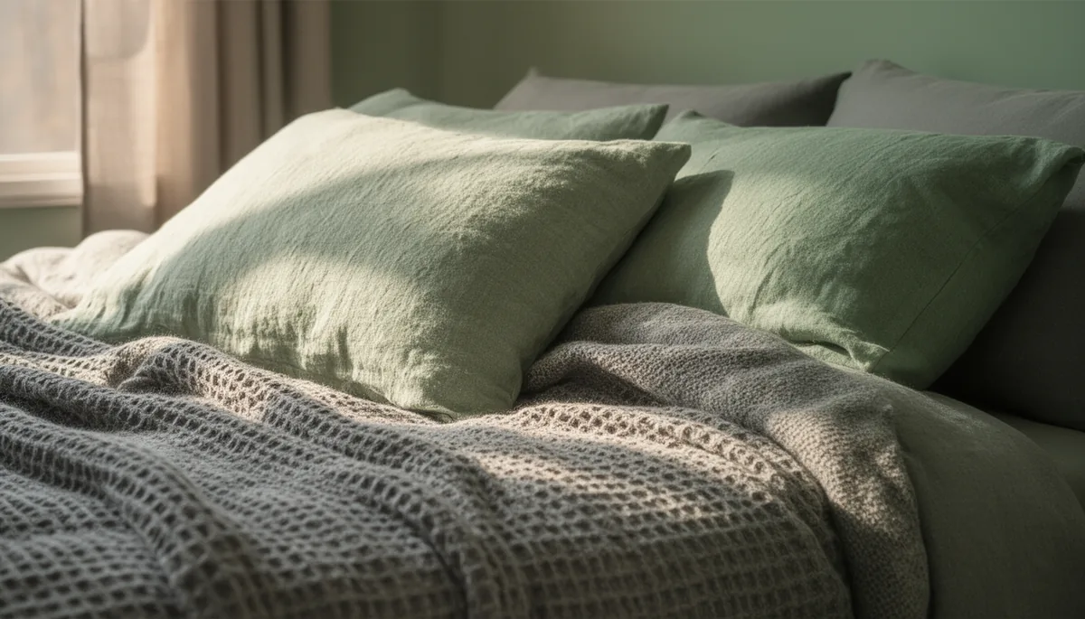 Close mix of waffle grey blanket, sage linen pillow and soft knit