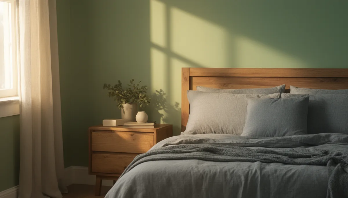 Warm wooden nightstand and headboard beside sage green and grey bedding