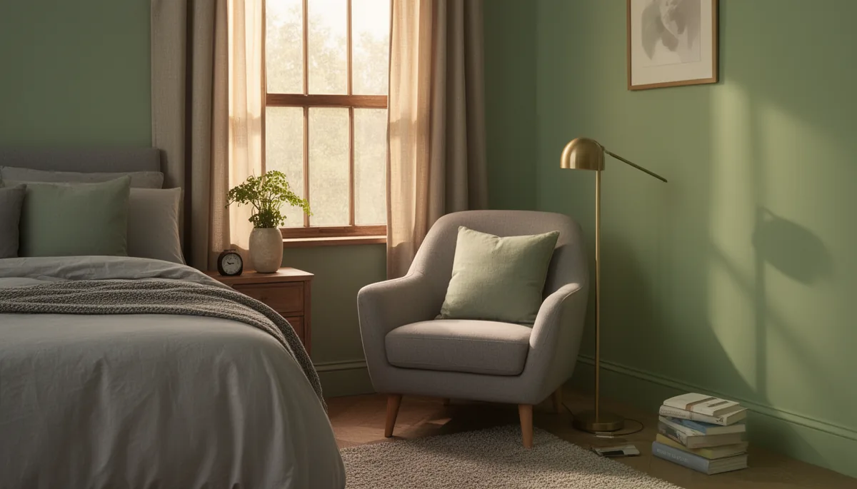 Cozy reading nook with grey armchair and sage green cushion
