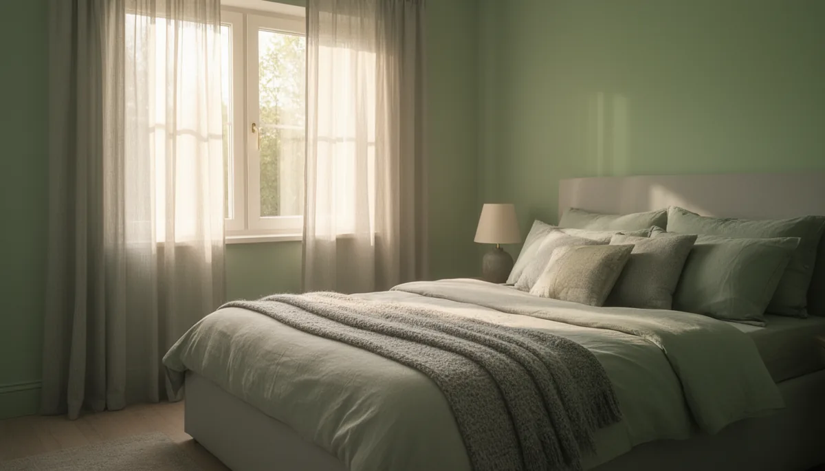 Sheer curtains diffusing soft morning light in a sage grey bedroom