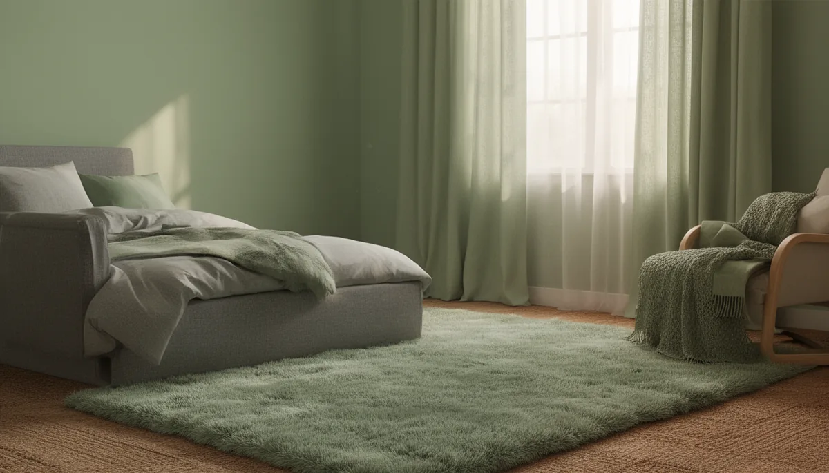 Soft plush rug beside a grey bed with sage green accents