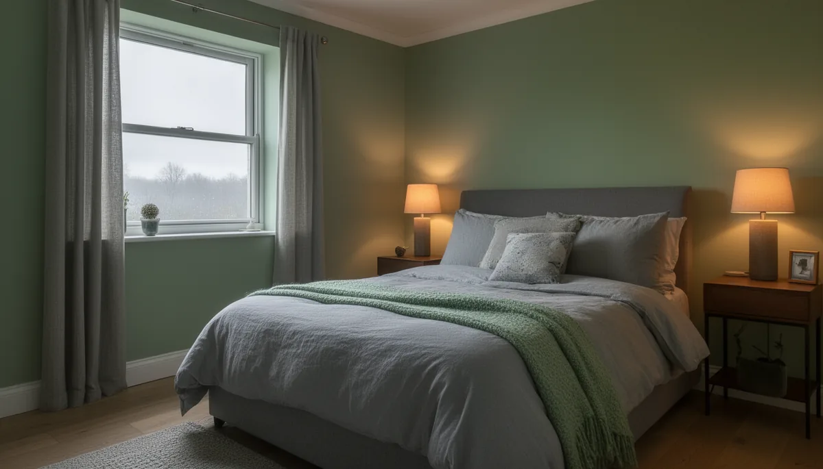 Cozy grey bedroom with warm lamps lit on an overcast day