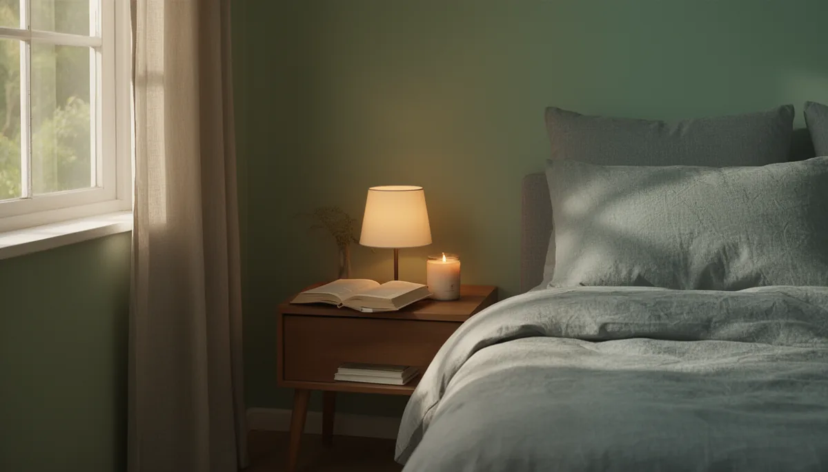 Nightstand with warm lamp, book and candle in a sage grey bedroom
