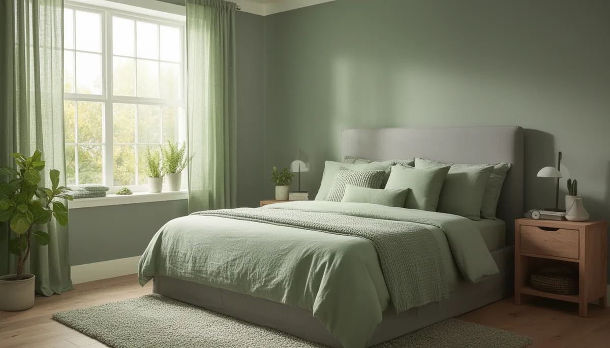 Renter-friendly sage green textiles in a grey bedroom, no painted walls