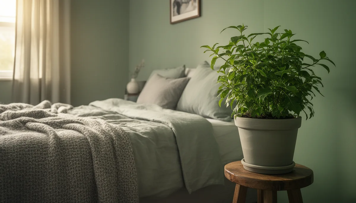 Healthy potted plant bringing life to a sage green and grey bedroom