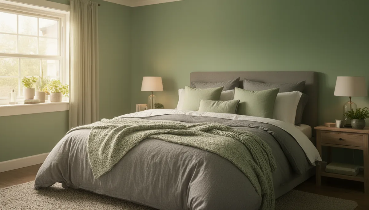 North-facing bedroom warmed with layered grey bedding and sage accents