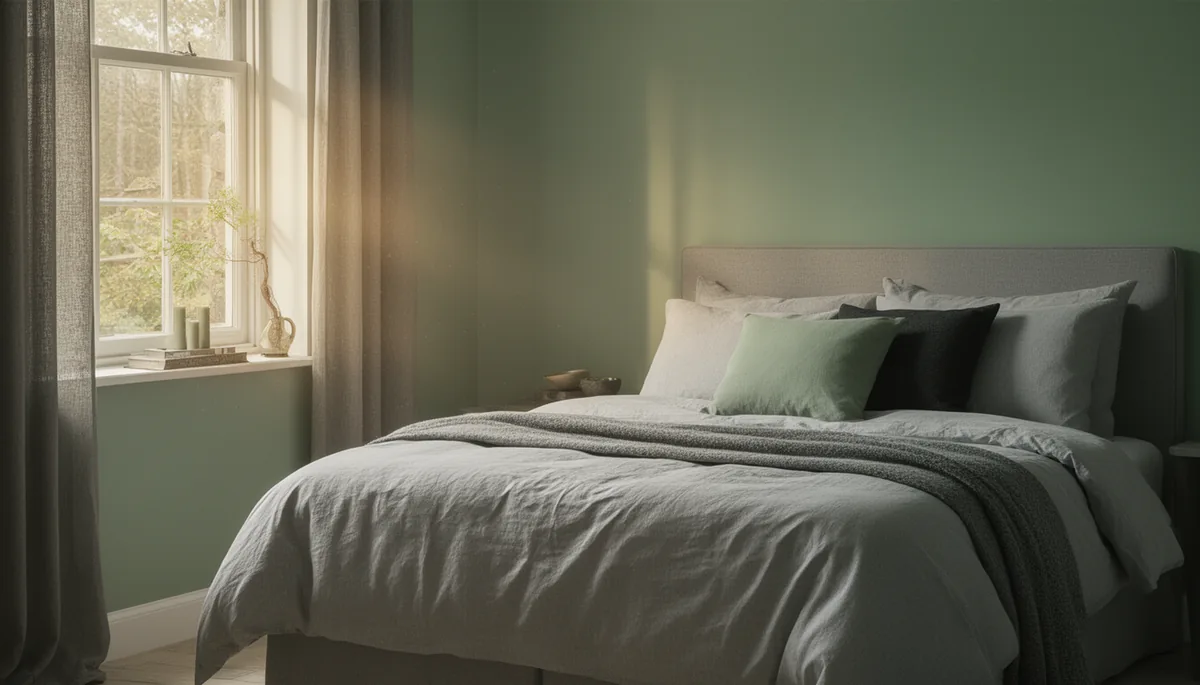 Layered light, mid and charcoal greys with a sage green accent