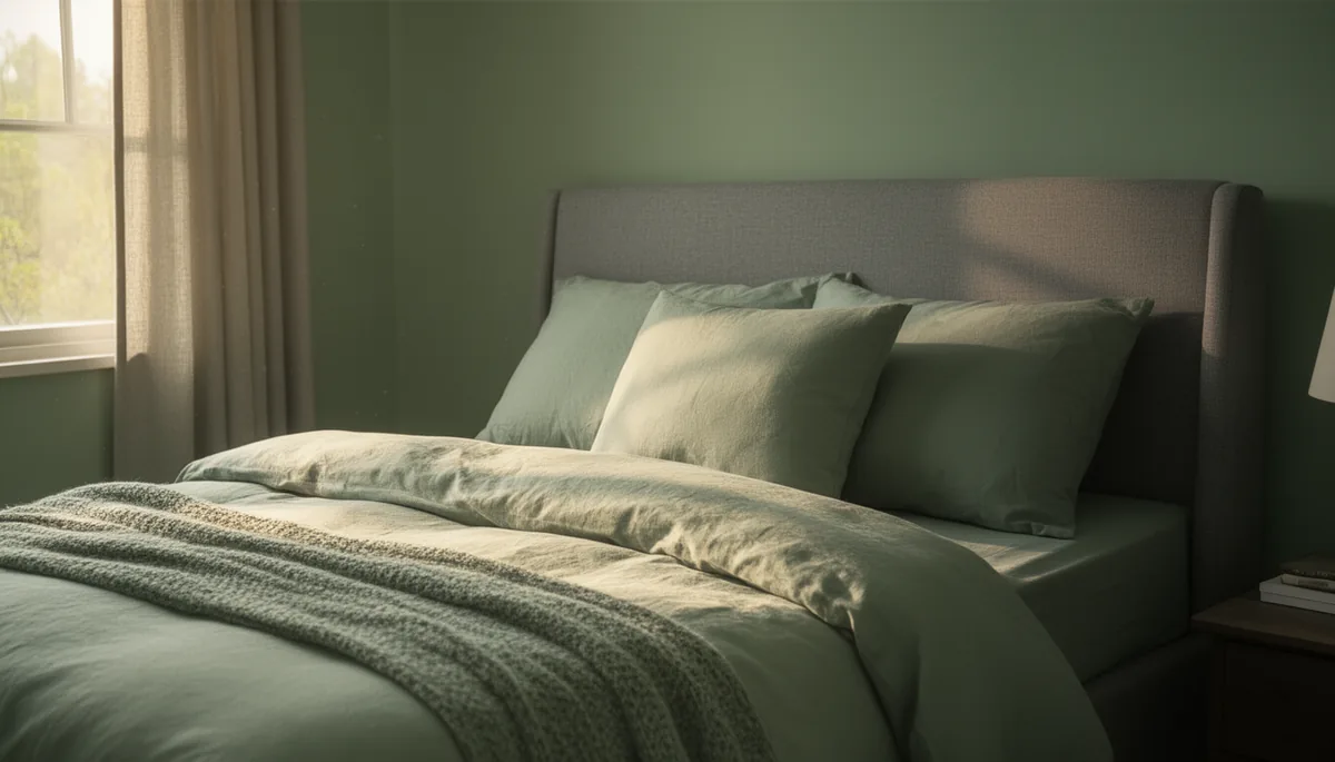 Upholstered grey headboard with a sage green pillow, plush and inviting