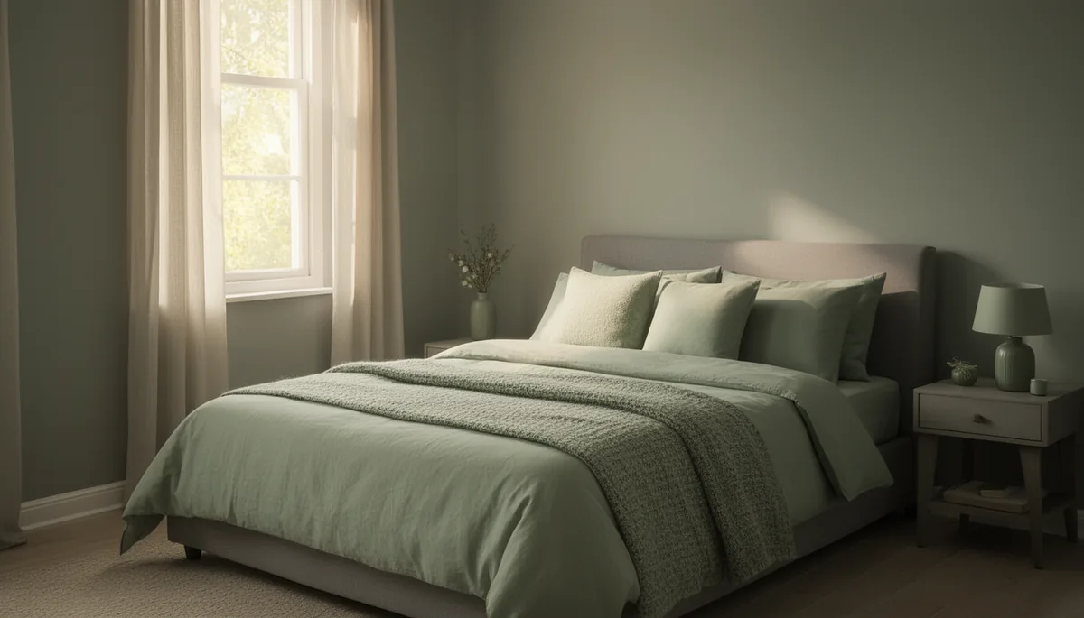 Subtle soft sage green accents in a calm grey bedroom