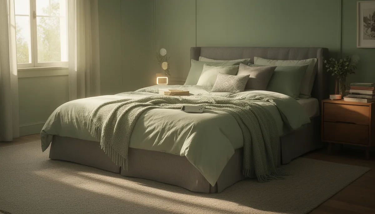 Personal cozy sage green and grey bedroom that feels like home