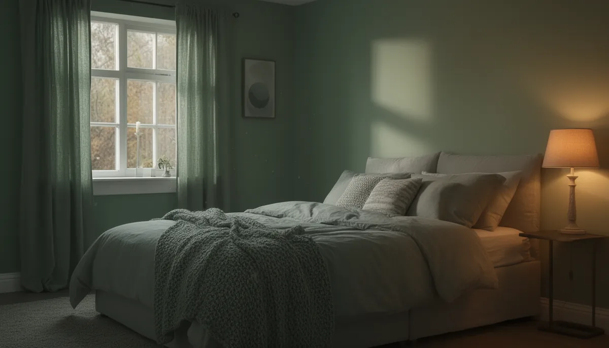 Dim warm lighting in a sage green and grey bedroom in the evening