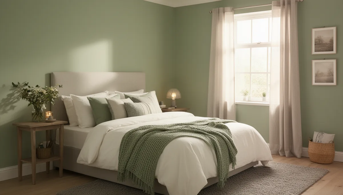 Warm white bedding paired with sage green and grey accents