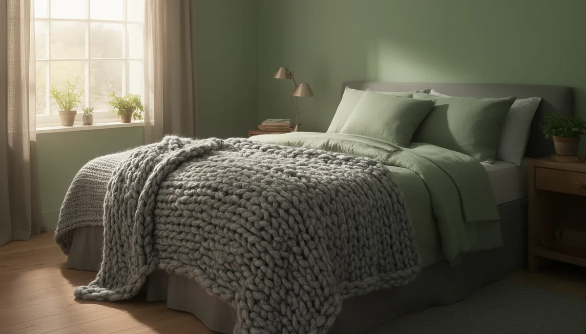 Heavy chunky knit grey throw draped over the foot of the bed