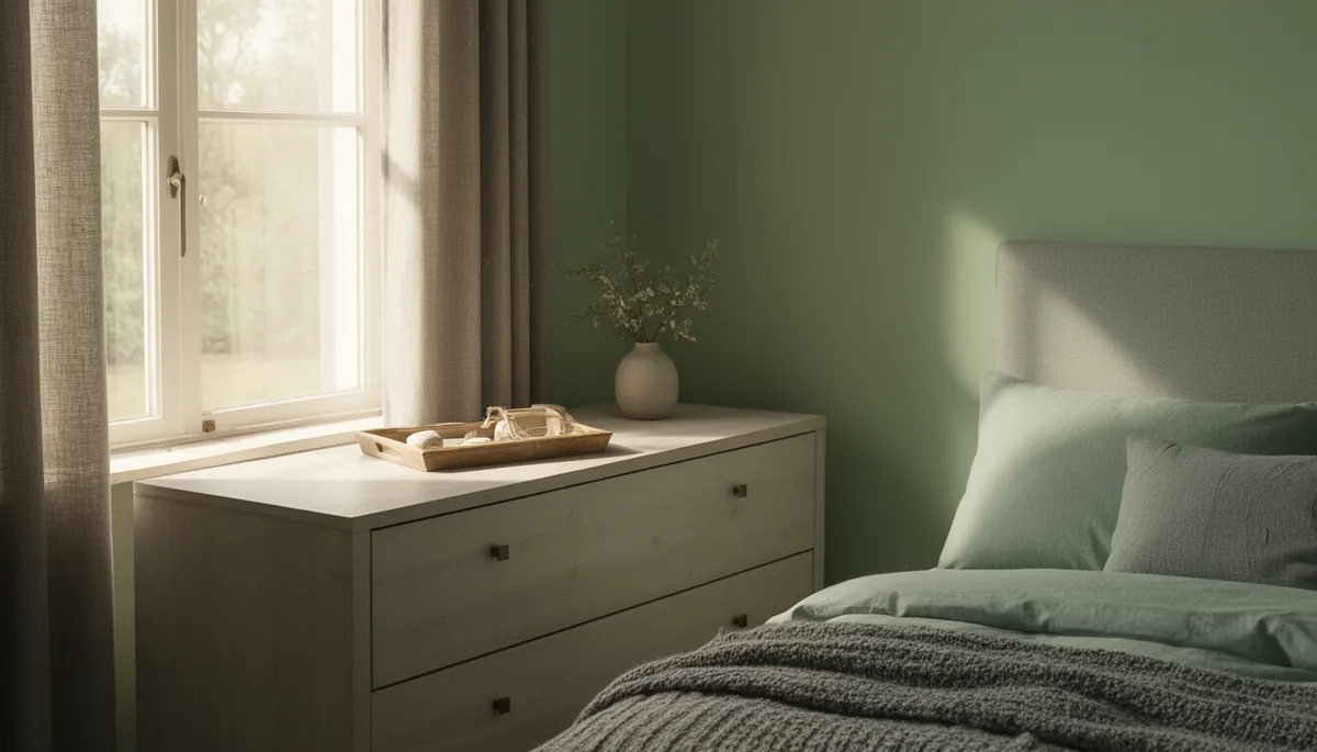 Neatly styled dresser in a sage green and grey bedroom