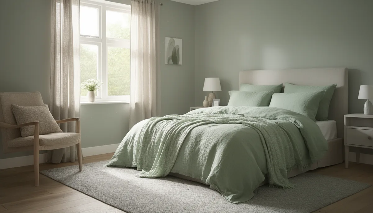 Cool airy sage green linen bedding in a light grey bedroom