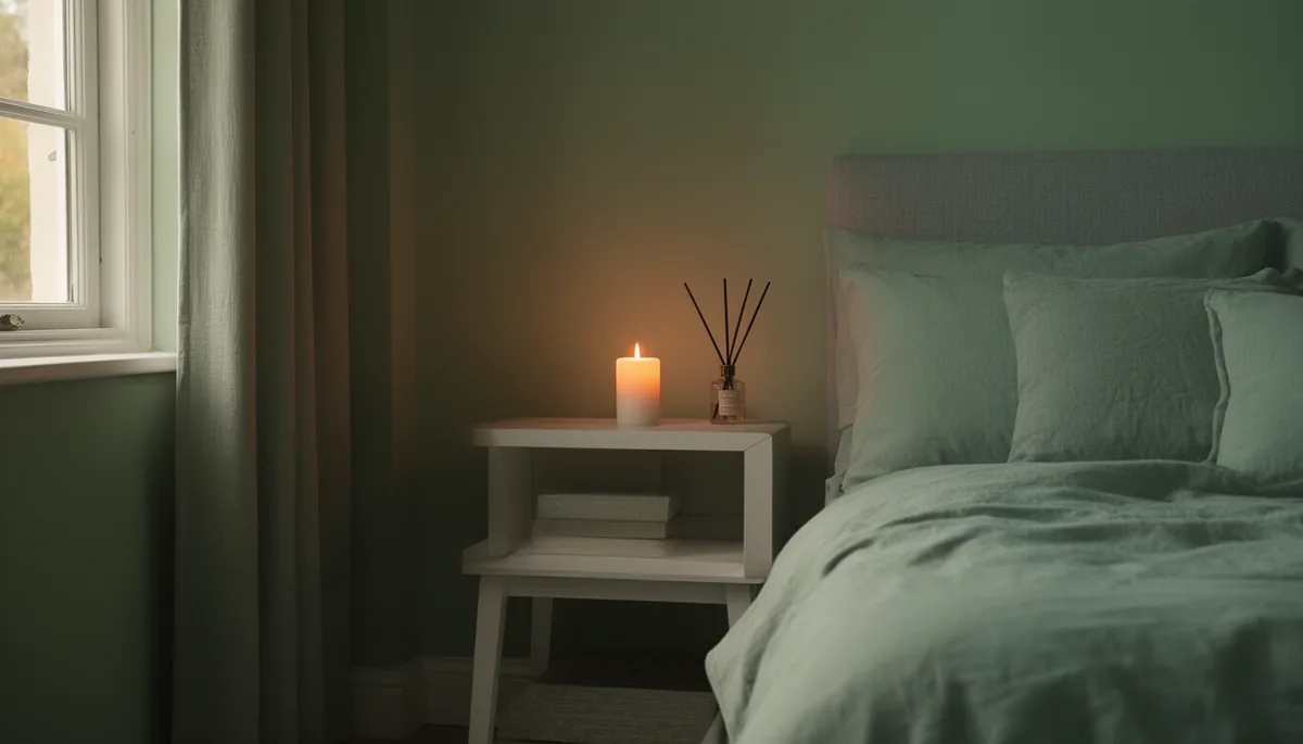 Nightstand with a softly lit candle and diffuser in a sage grey bedroom