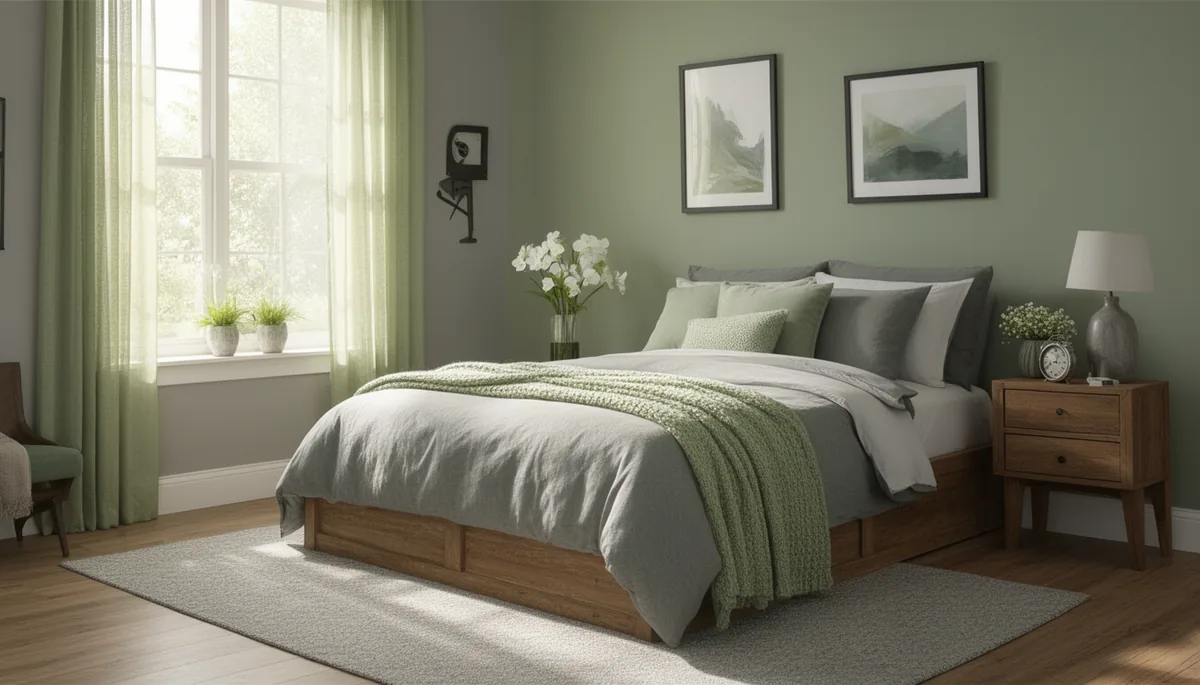 Sunny grey bedroom kept warm with sage green accents and warm wood