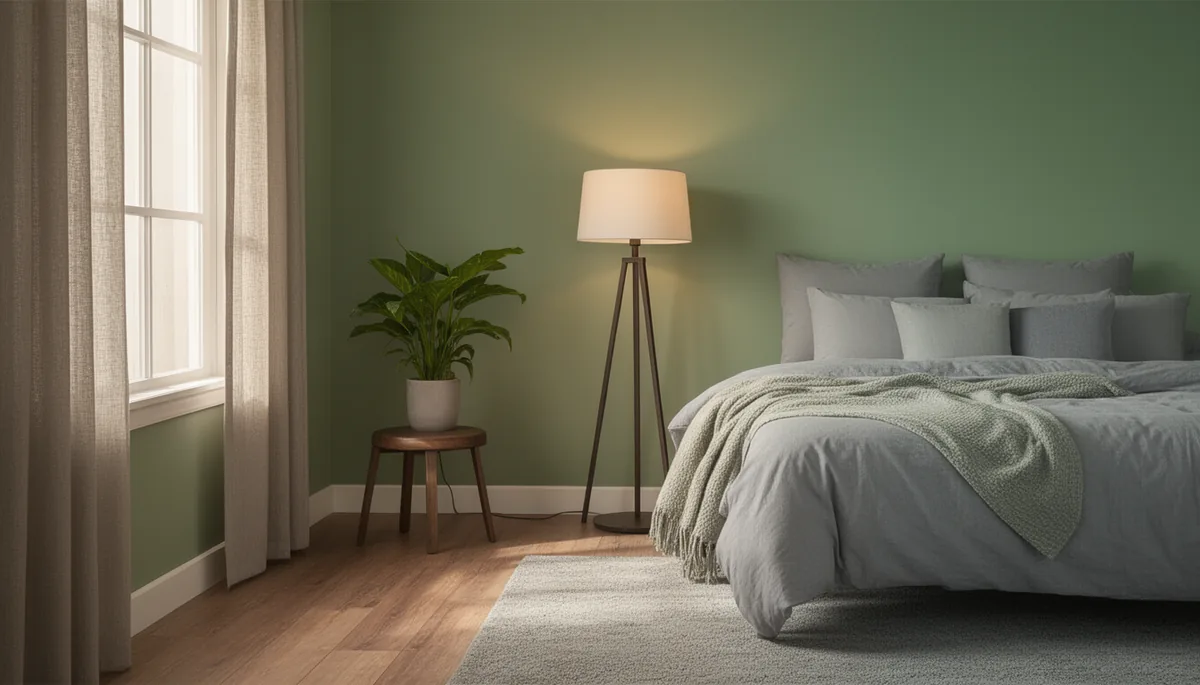Styled corner with a stool, plant and floor lamp in a sage grey bedroom