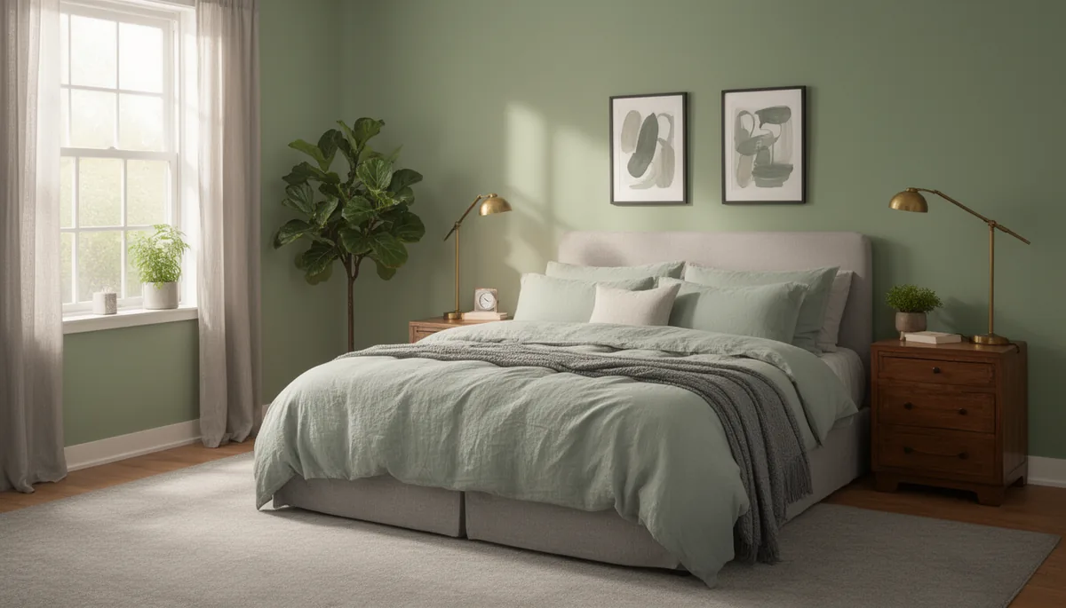 Complete calm sage green and grey bedroom with everything pulled together