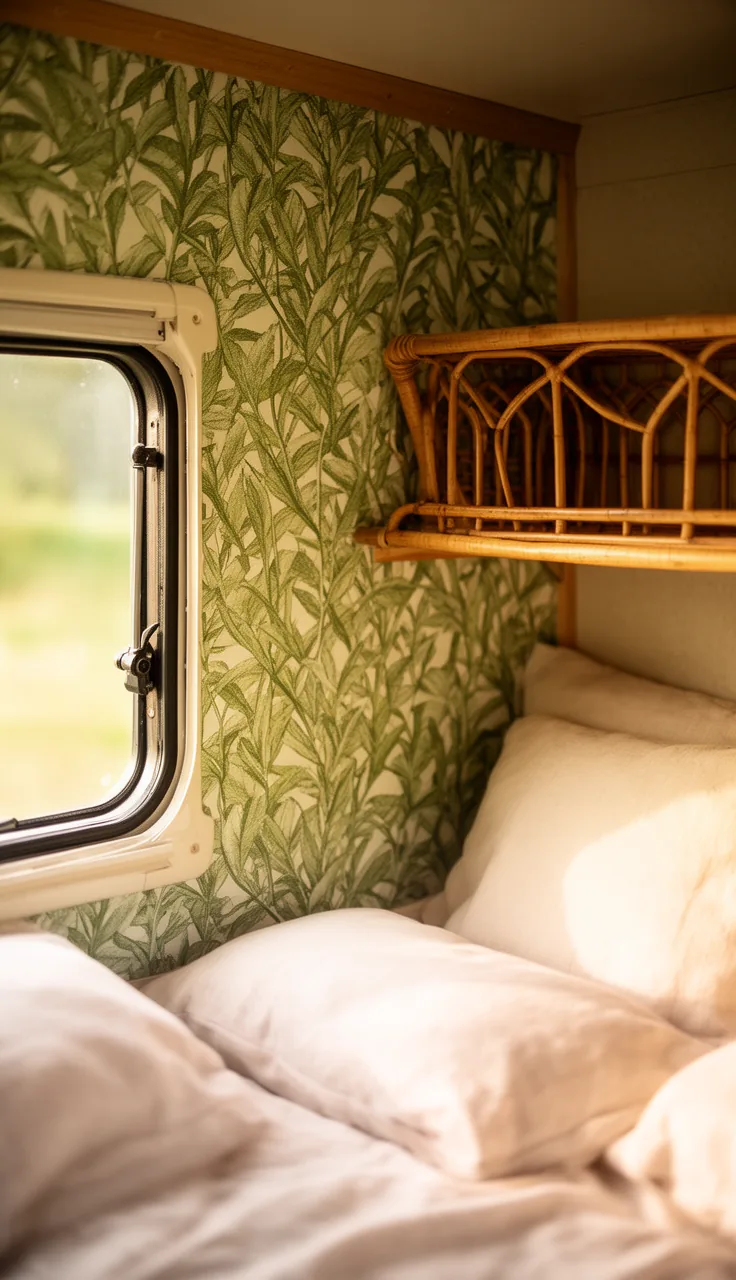 Green botanical leaf wallpaper on a camper wall beside a rattan shelf and cream cushions