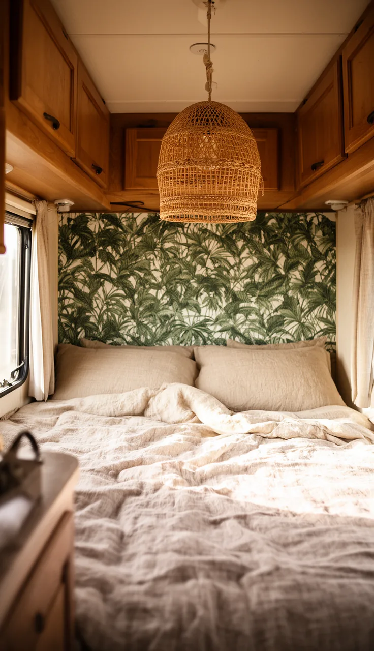 Tropical green foliage wallpaper behind an RV bed with a woven rattan pendant