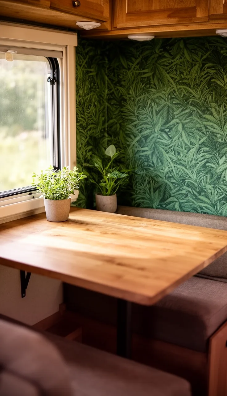 Leafy green print wallpaper in a camper dinette corner with small potted plants
