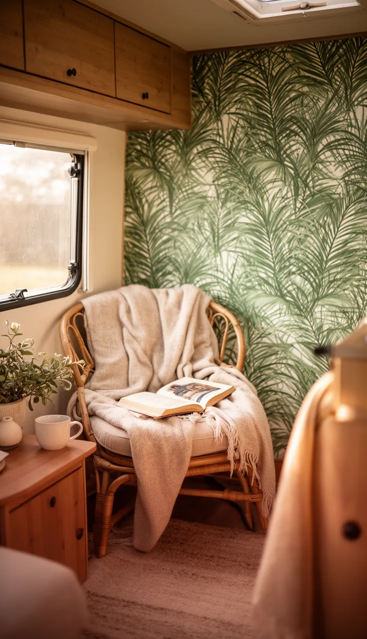 Cozy RV reading corner with green palm-leaf wallpaper and a rattan chair