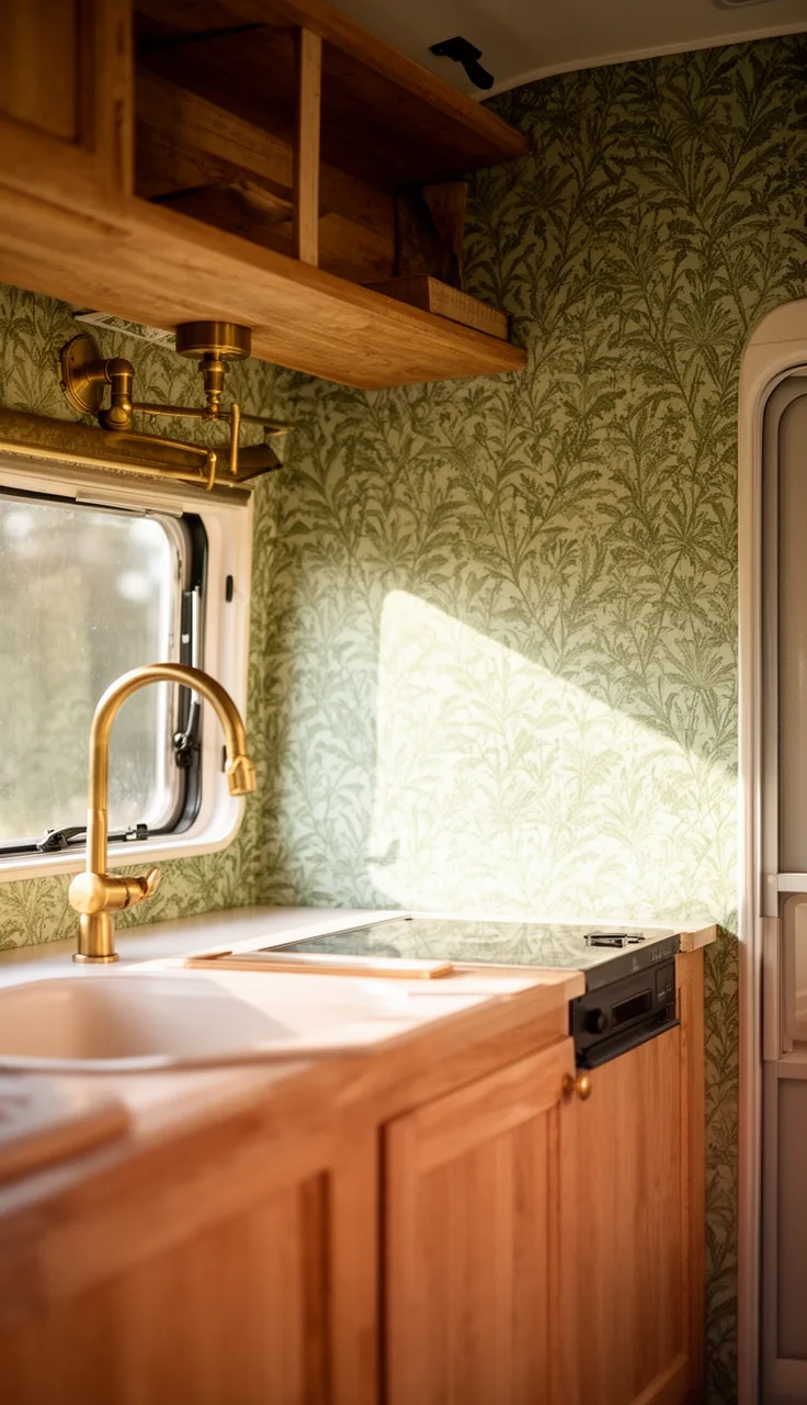 Small camper kitchen wall in botanical green wallpaper with an open wood shelf