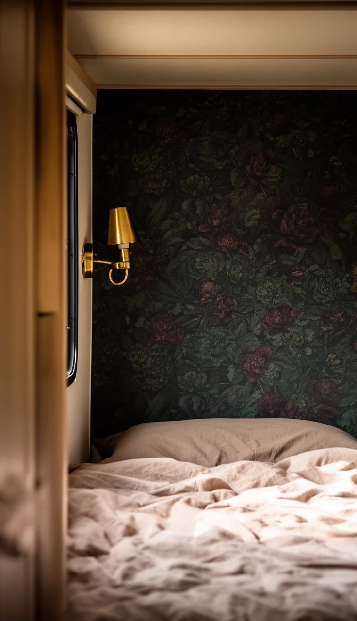 Moody dark floral wallpaper behind a camper bed with a brass wall sconce