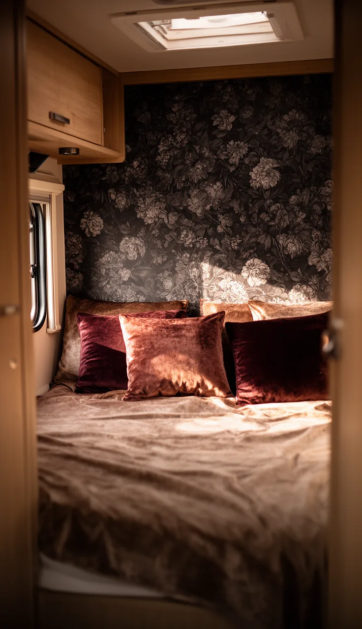 RV bedroom nook with dramatic dark floral wallpaper and velvet pillows