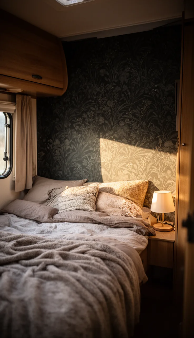 Small camper sleeping corner with moody botanical dark wallpaper and layered bedding