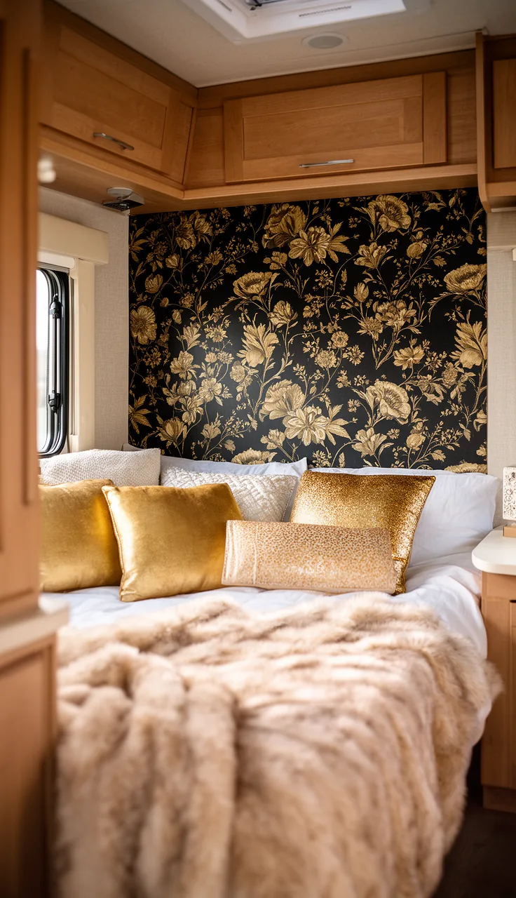 Camper accent wall in black-background floral wallpaper with gold accents