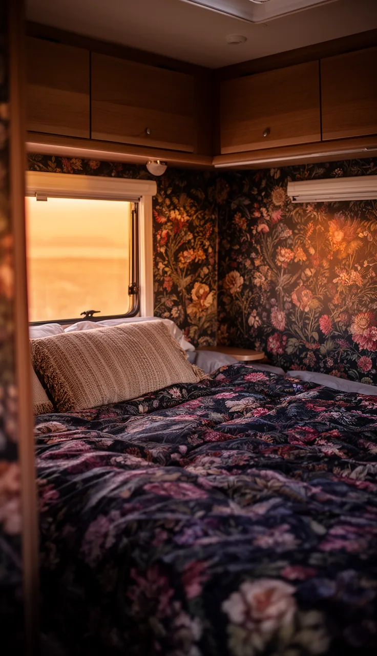 Cozy dark floral RV bedroom in rich jewel tones with warm evening light