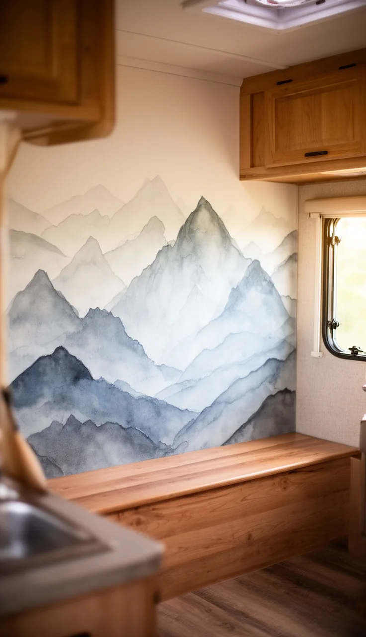 Camper wall with a watercolor mountain mural in soft blue and grey tones