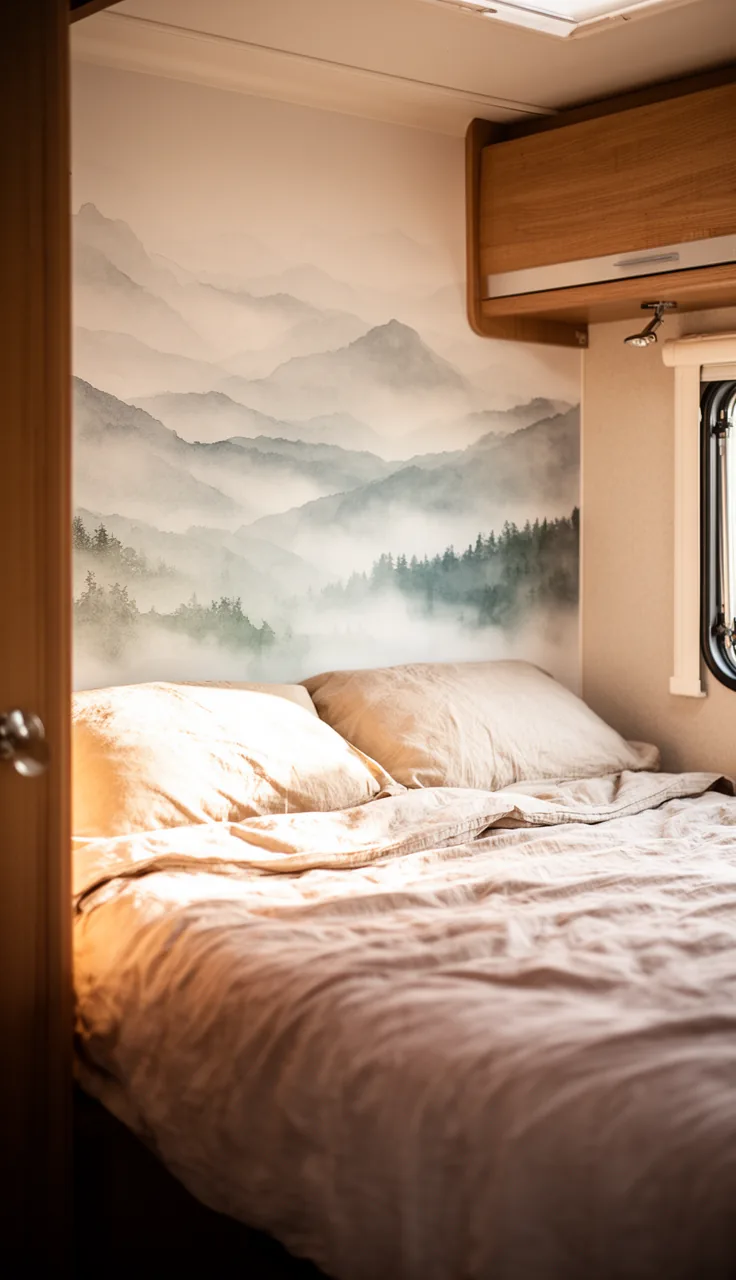 RV nook with a misty watercolor mountain range wallpaper and neutral bedding