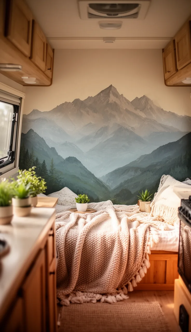 Small camper interior with a hand-painted style mountain mural wall