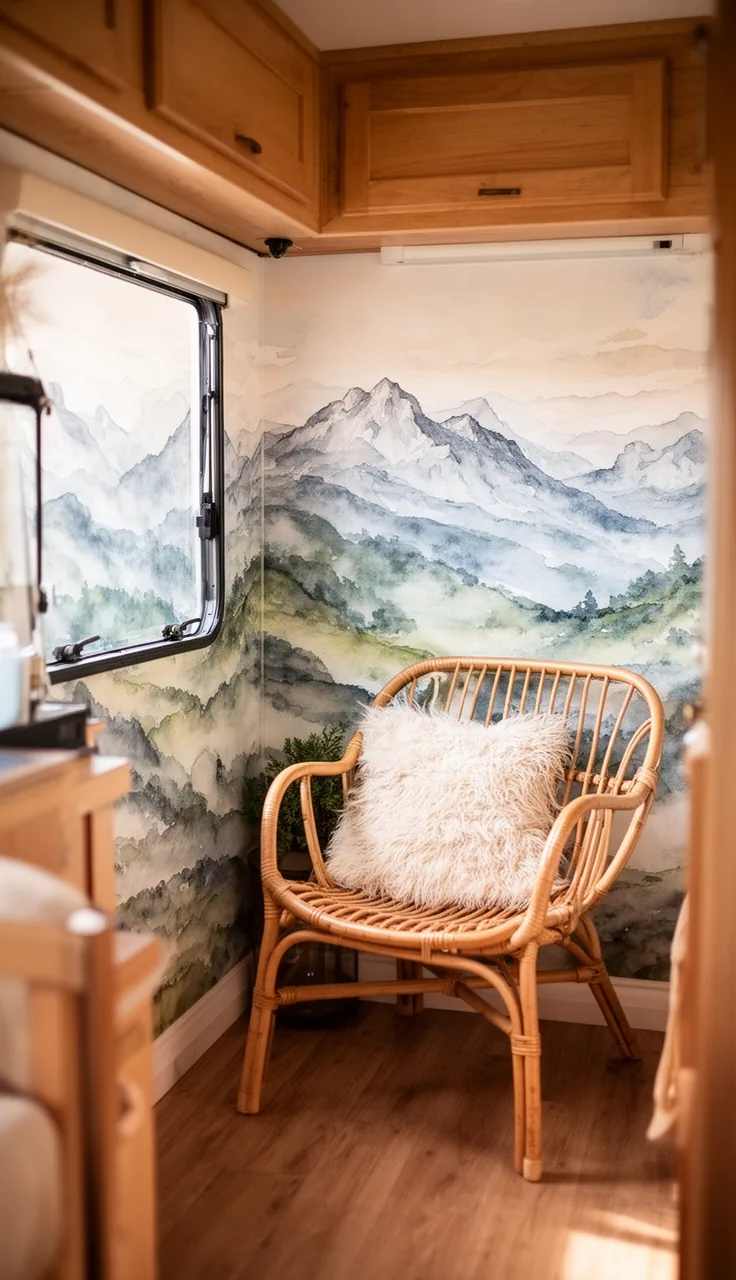 Camper reading corner with a panoramic watercolor mountain wallpaper