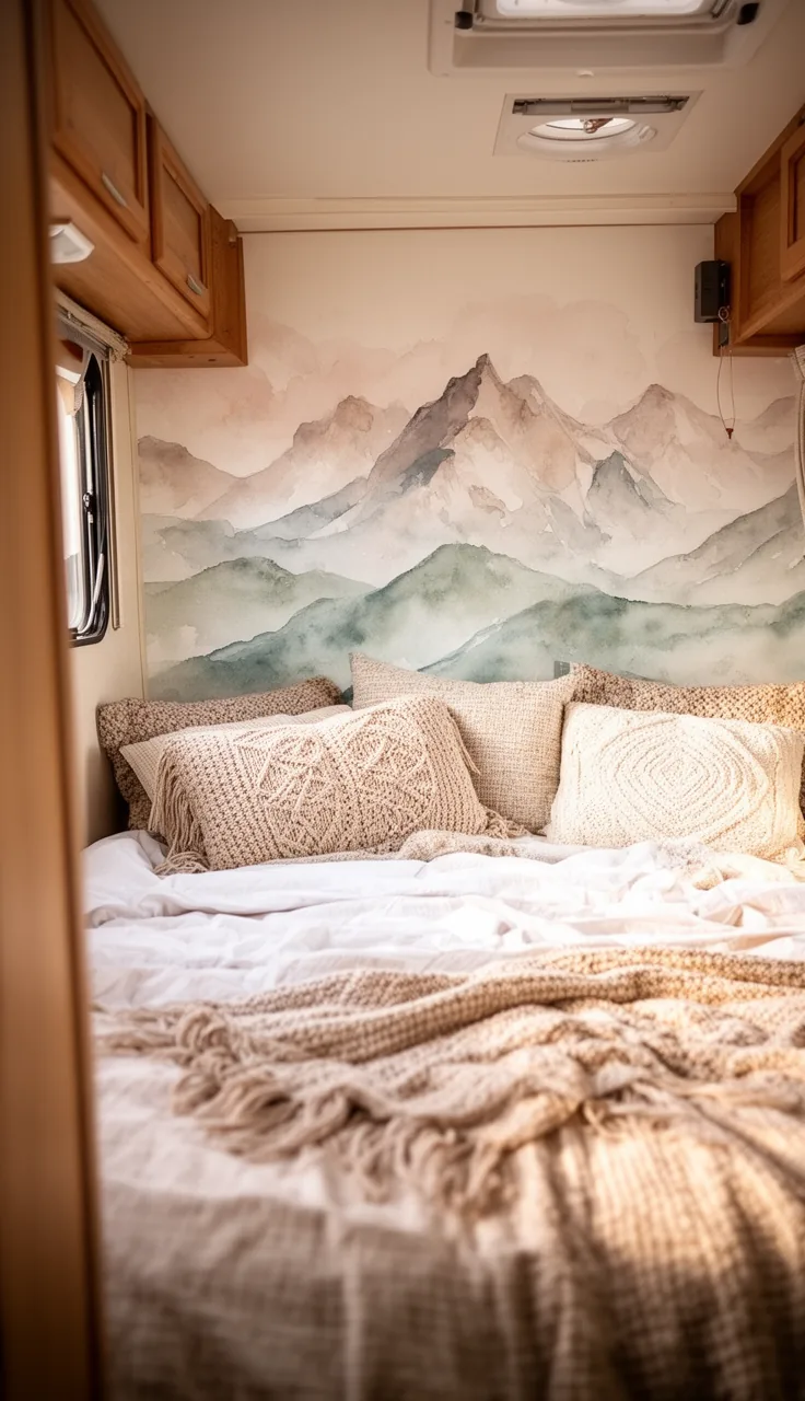 RV bedroom with a dreamy watercolor mountain mural and layered neutral textiles