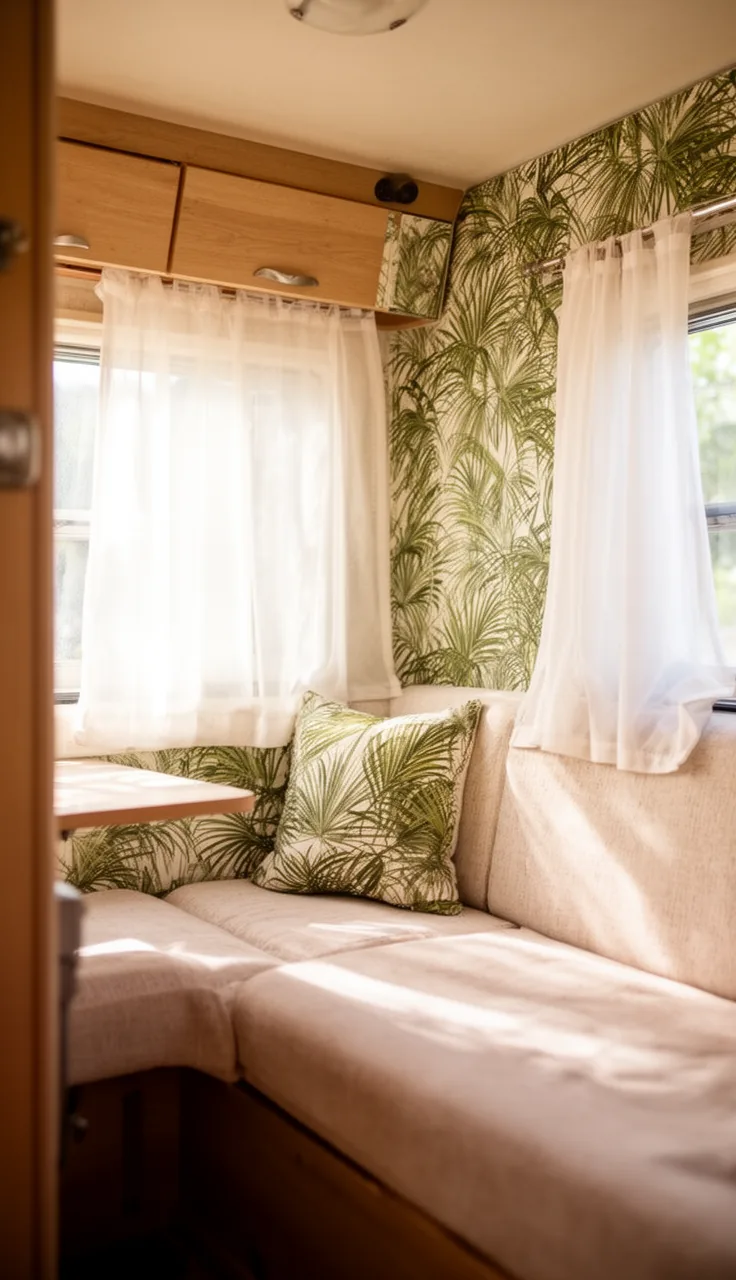 Camper interior with tropical palm-leaf wallpaper and breezy white curtains