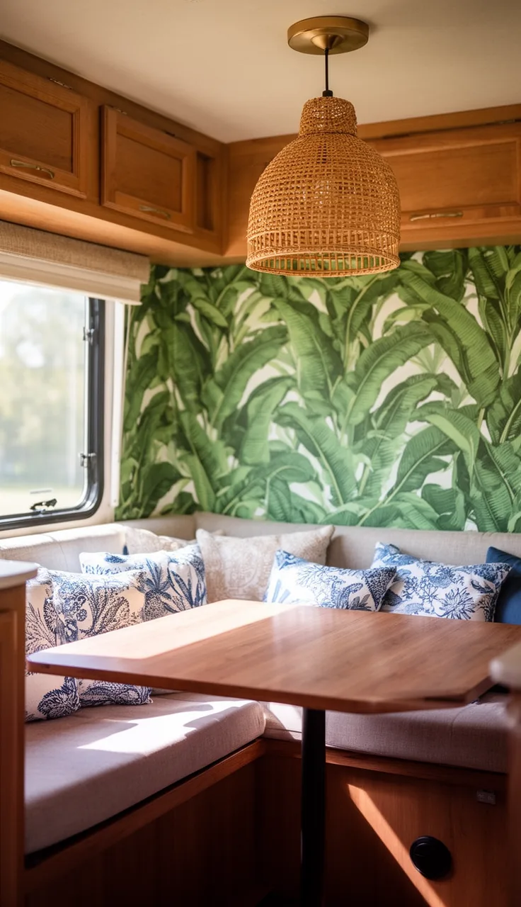 RV dinette with green banana-leaf tropical wallpaper and coastal cushions