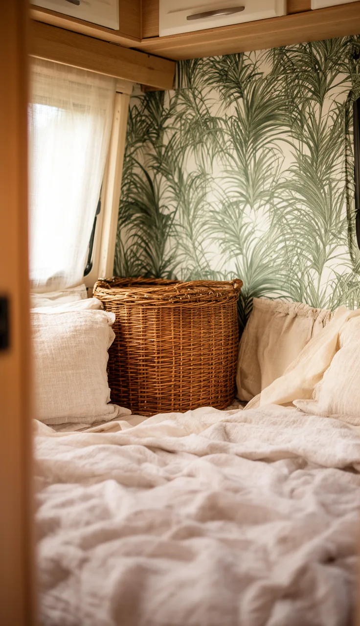Small camper wall in palm print wallpaper with a wicker basket and airy linen