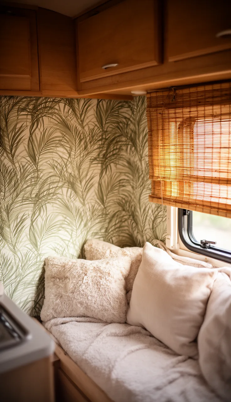 Cozy tropical camper nook with palm-frond wallpaper and a bamboo shade