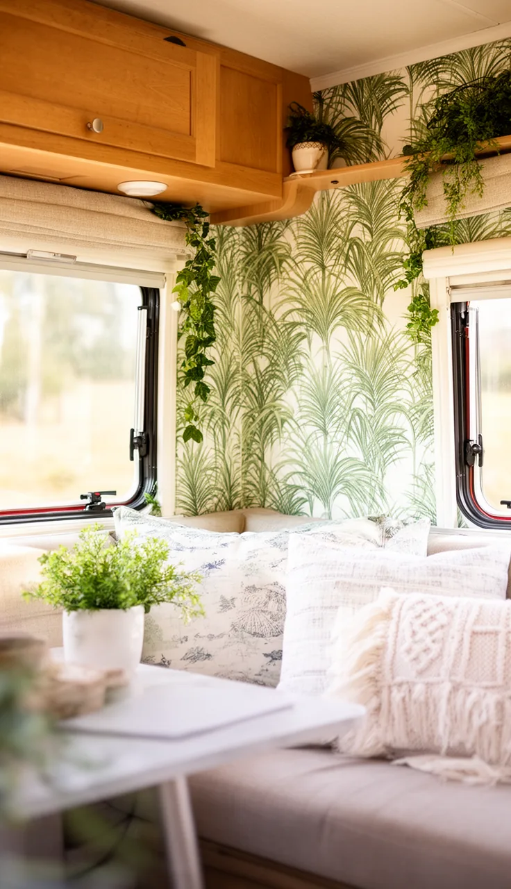 Bright RV corner with palm-leaf wallpaper and coastal greenery