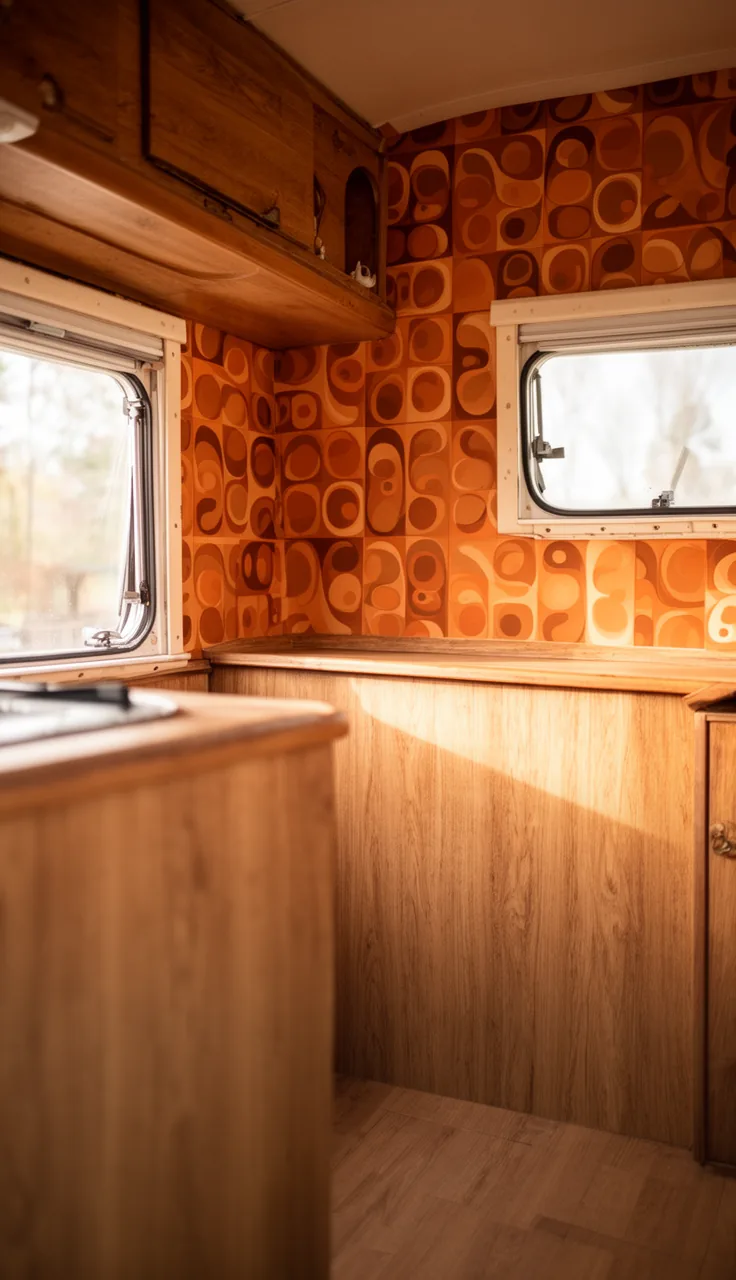 Vintage camper interior with retro 70s geometric orange and brown wallpaper