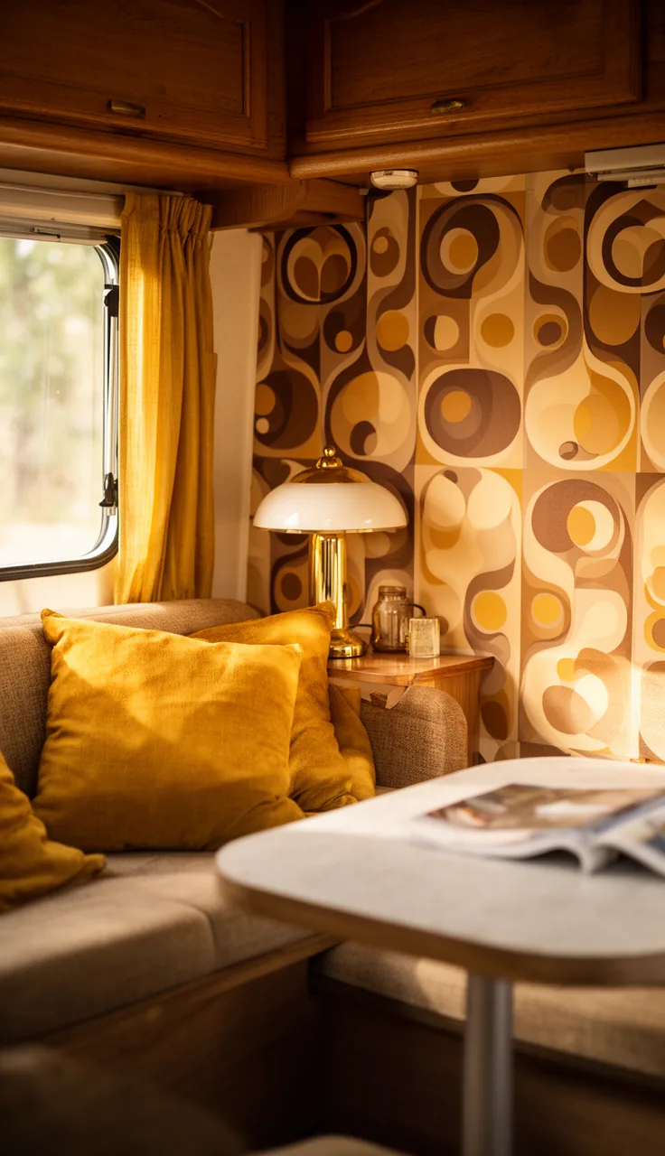 RV dinette with bold seventies op-art wallpaper, mustard cushions and a retro lamp